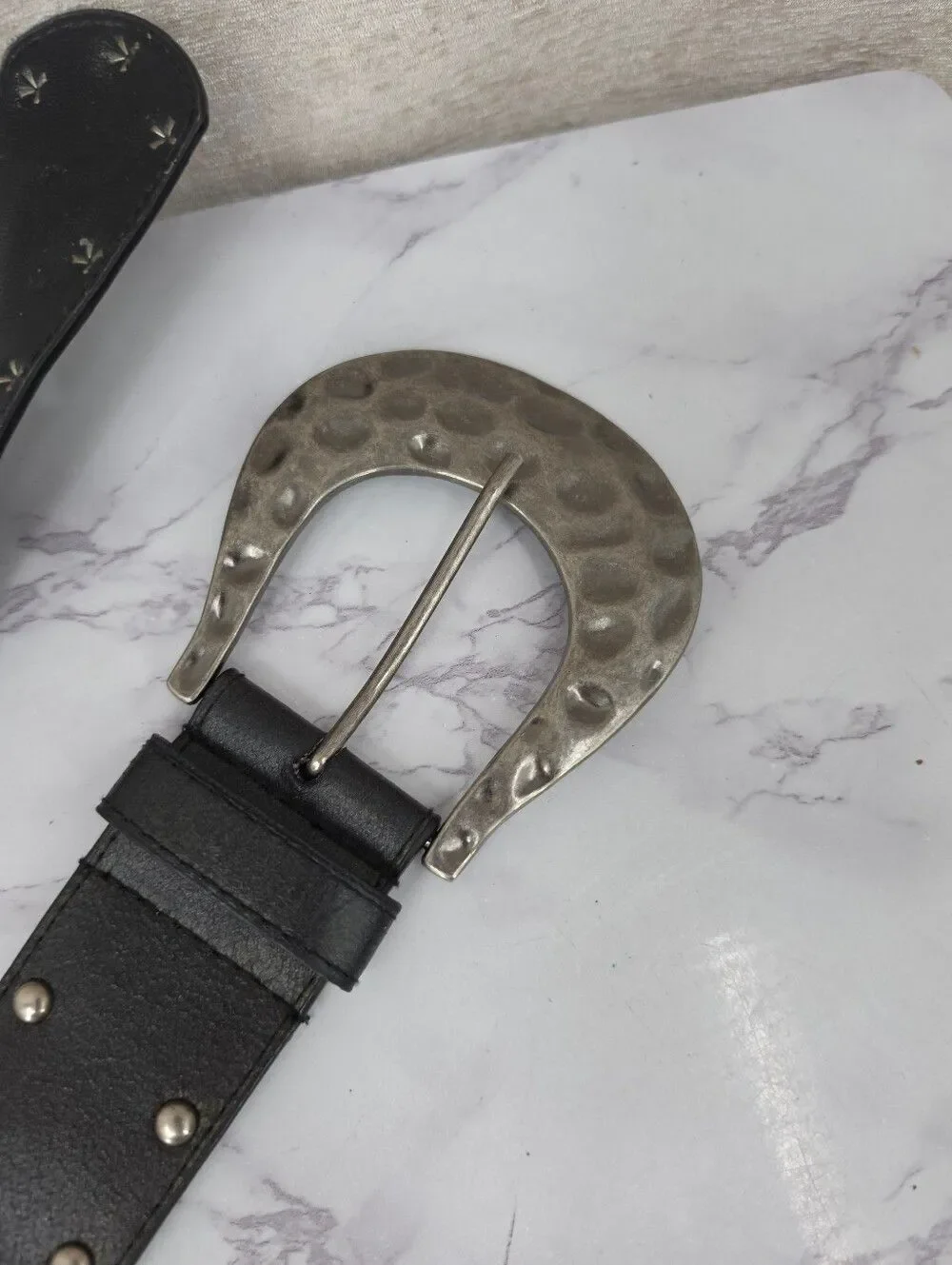 Black Stretch Belt Fishscale Oversized Hammered Metal Style Buckle Studded